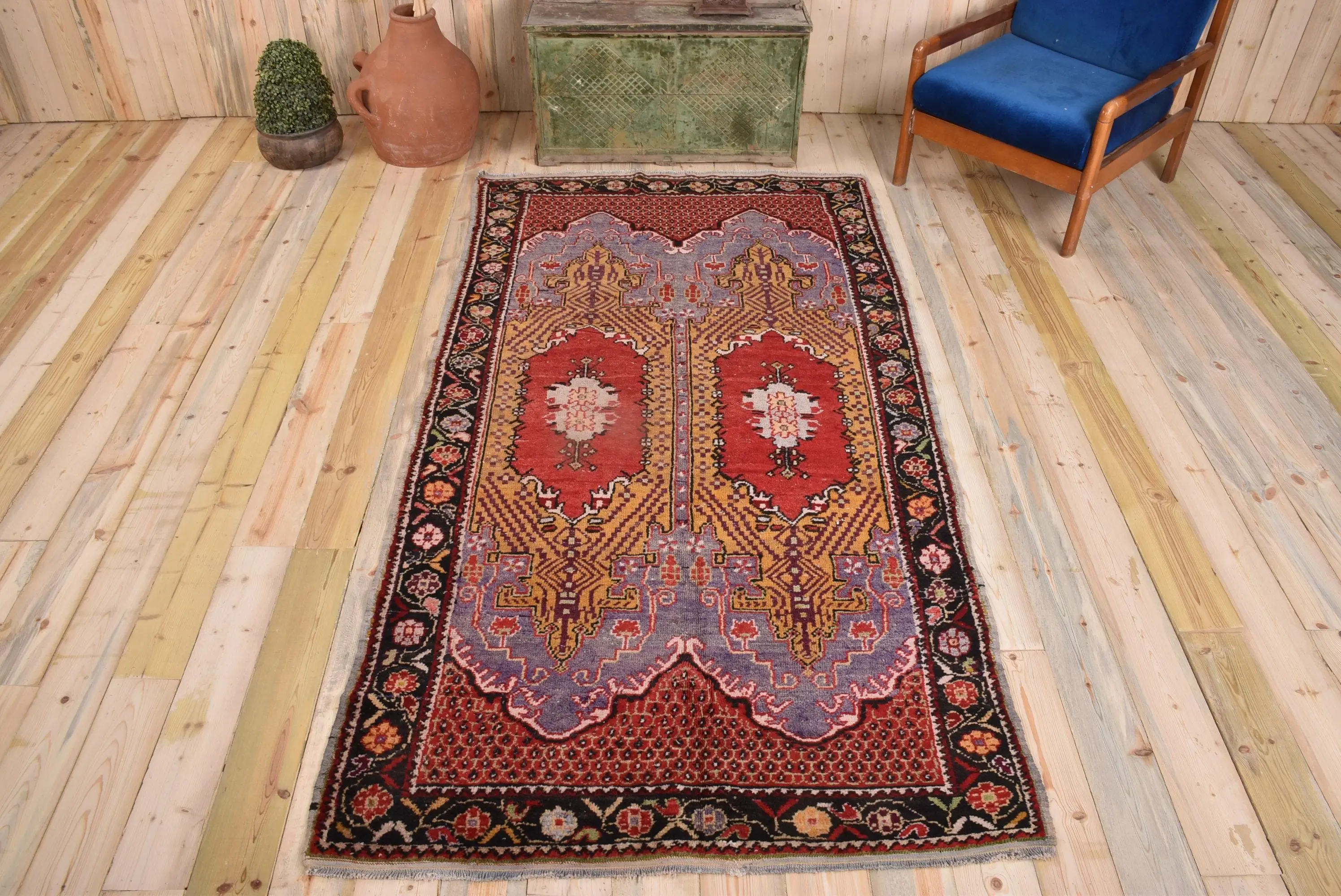Vintage Turkish Rug 4.3x8.1 ft, Red Oriental Rug - 1