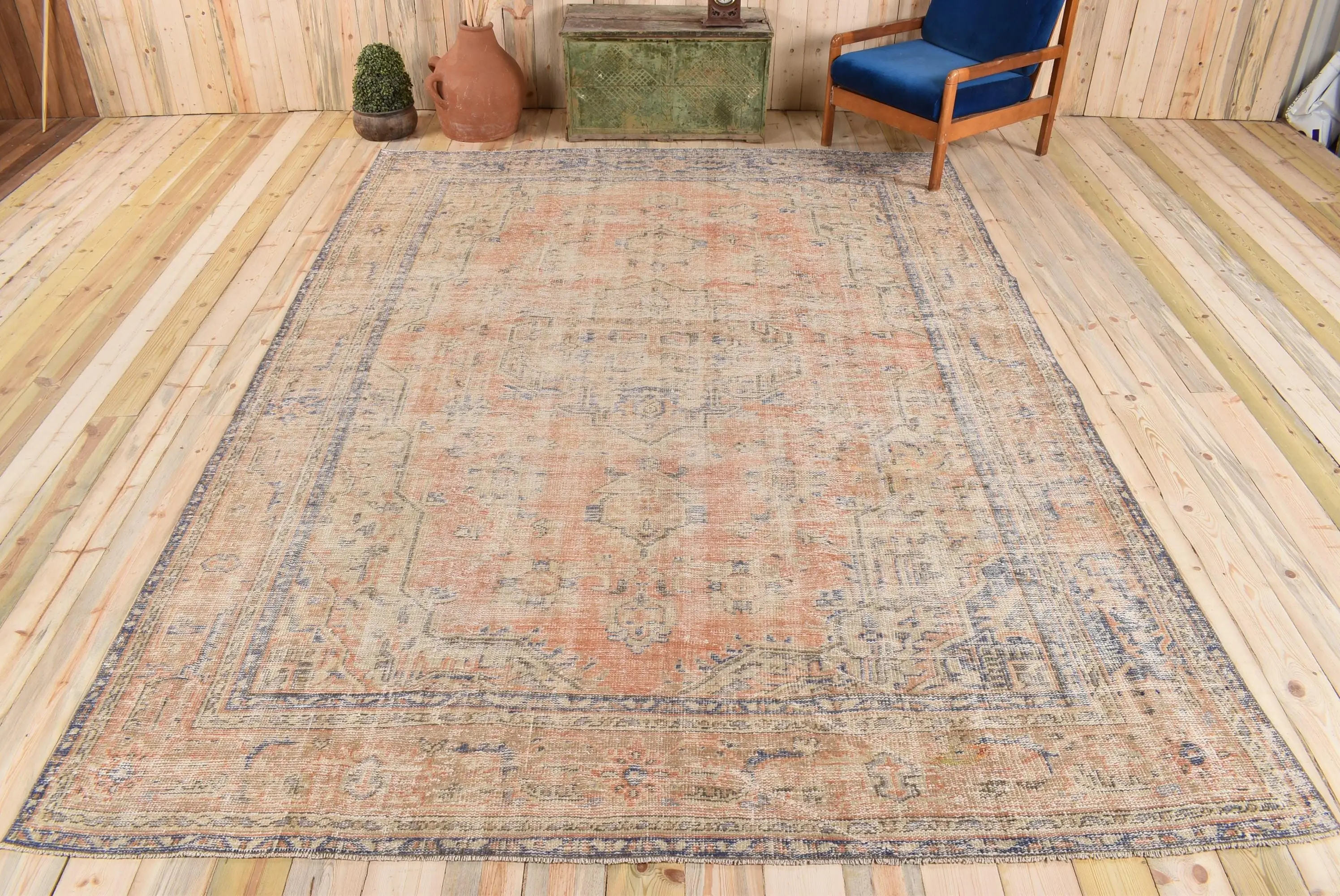 Vintage Oversize Rug 8.3x11.5 ft, Turkish Blue Check Wool Rug - 1