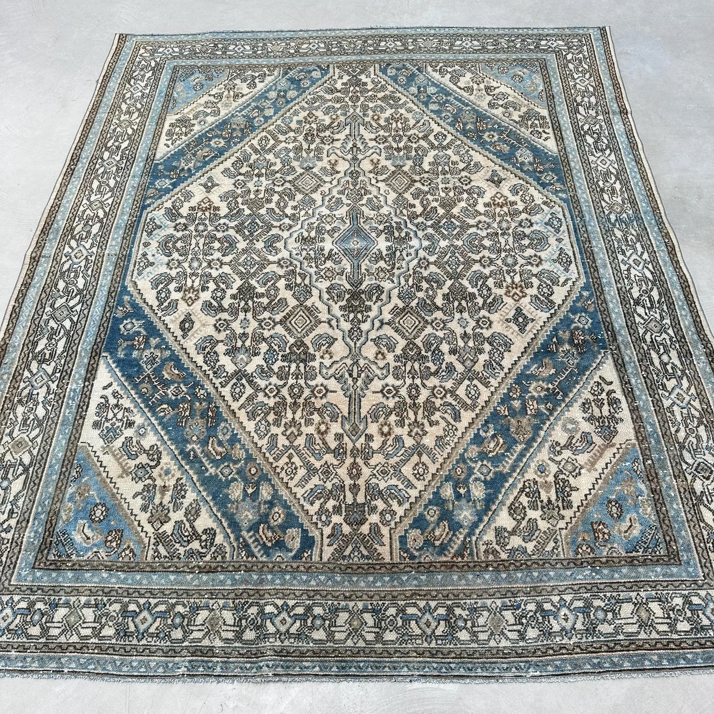 Türkischer 7,8x9,6 ft Teppich, Übergroßer Vintage Teppich, blau karierter Wollteppich - 1