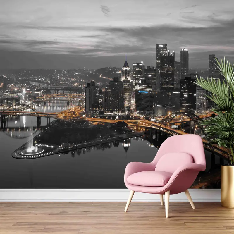 Gedruckte Pittsburgh-Nachtansicht-Tapete: Elegantes Stadtlandschaftsdekor