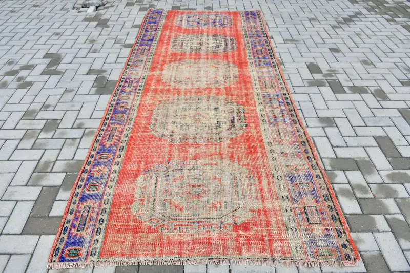 Türk Vintage Oushak Büyük Halı 4.6x10.5 ft, Kırmızı Çiçekli Yün Halı - 1