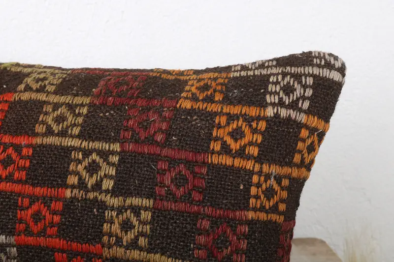 Kilim Cushion Sham, Vintage Kilim Throw Pillow, Cushion, 12x24 Orange Cushion Case, Boho Pillow, Handmade Rug Seat Pillow Cover - 5