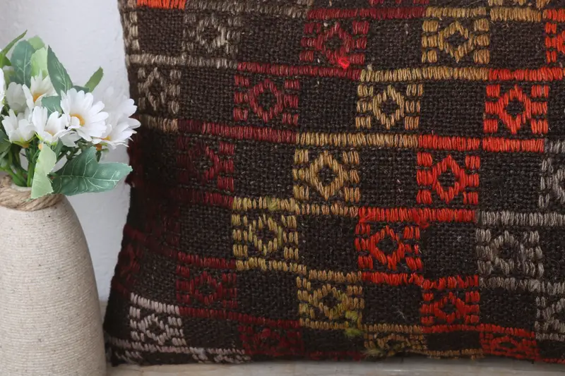 Kilim Cushion Sham, Vintage Kilim Throw Pillow, Cushion, 12x24 Orange Cushion Case, Boho Pillow, Handmade Rug Seat Pillow Cover - 3