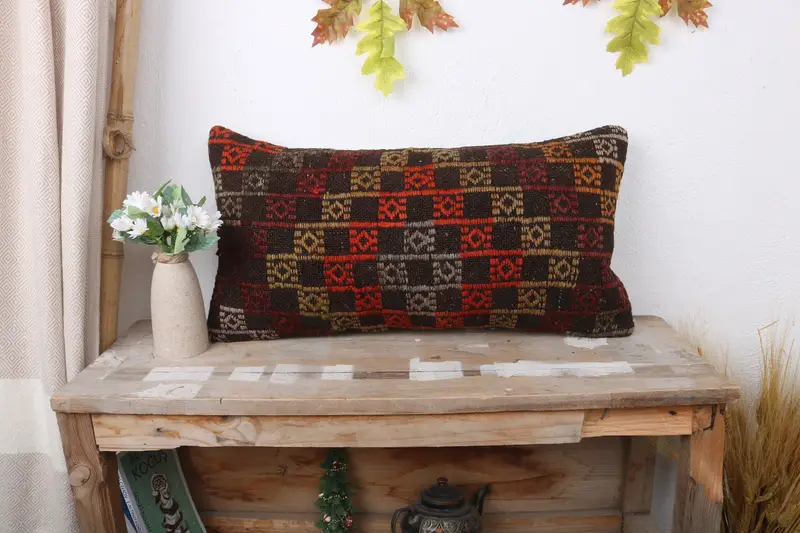 Kilim Cushion Sham, Vintage Kilim Throw Pillow, Cushion, 12x24 Orange Cushion Case, Boho Pillow, Handmade Rug Seat Pillow Cover - 1