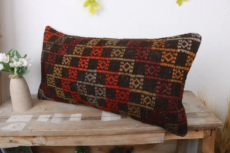 Kilim Cushion Sham, Vintage Kilim Throw Pillow, Cushion, 12x24 Orange Cushion Case, Boho Pillow, Handmade Rug Seat Pillow Cover - 4