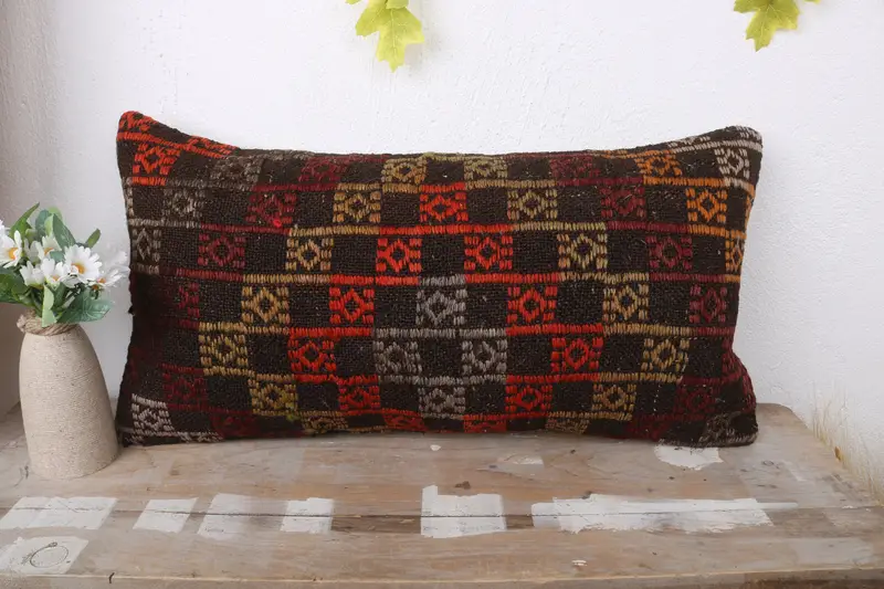 Kilim Cushion Sham, Vintage Kilim Throw Pillow, Cushion, 12x24 Orange Cushion Case, Boho Pillow, Handmade Rug Seat Pillow Cover - 2