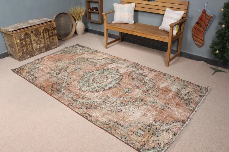 ブラウン & グリーン ラグ、4.5x8.2 フィート ストライプ幾何学デザイン