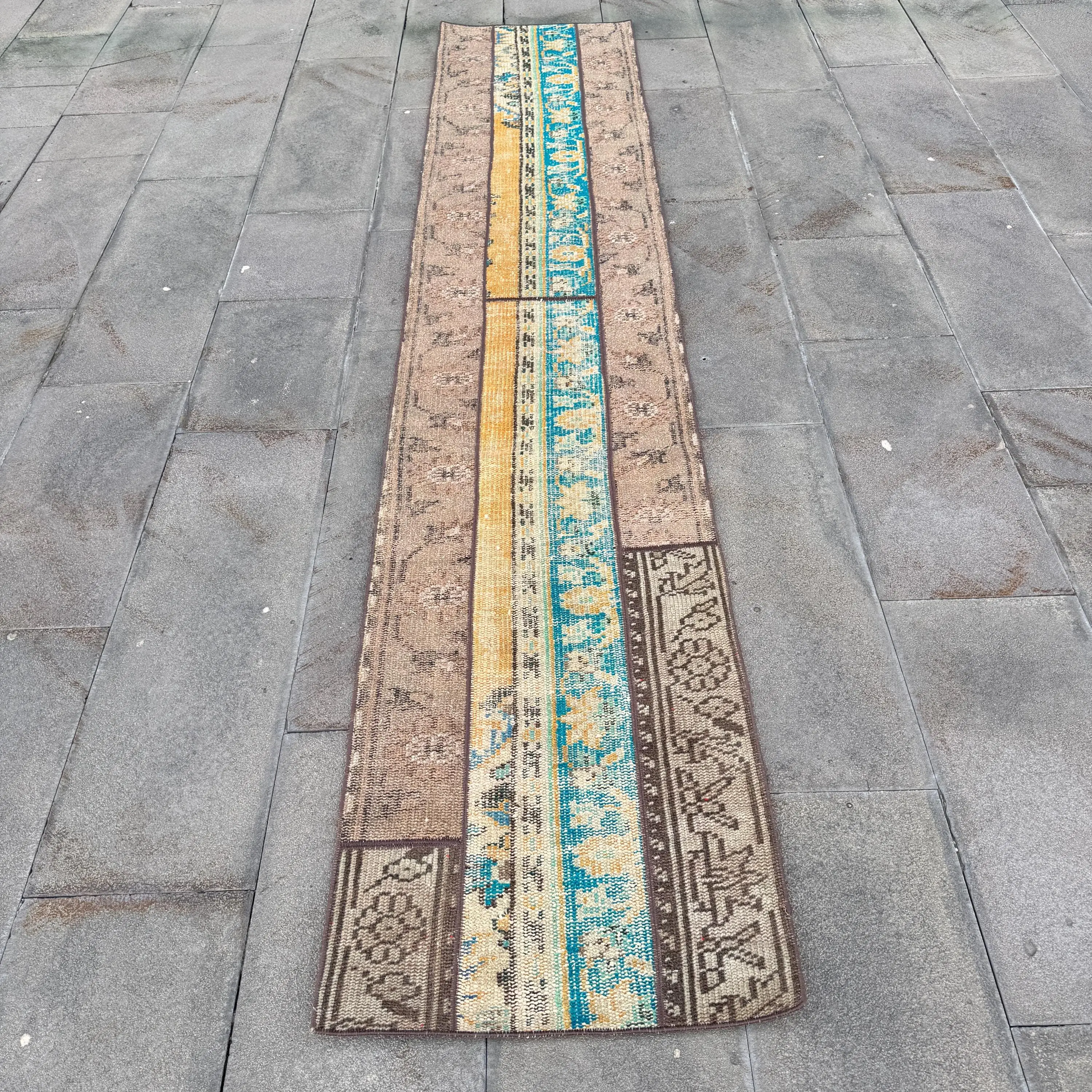 1.9x9.5 ft Rug, Turkish Vintage Rug, Brown Wool Rug - 1