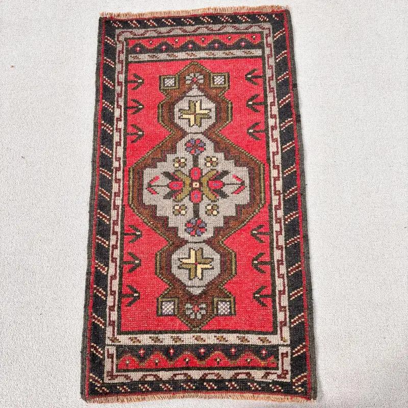 1.8x3.2 ft Vintage Rug, Small Turkish Rug, Red Abstract Rug - 1