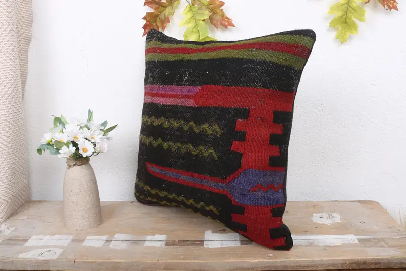 Pillow Case, Kilim Cushion Sham, Floor Cushion Cover, 16x16 Brown Cushion Cover, Antique Pillows, Vintage Kilim Throw Pillow, Couch Cushion Cover - 4