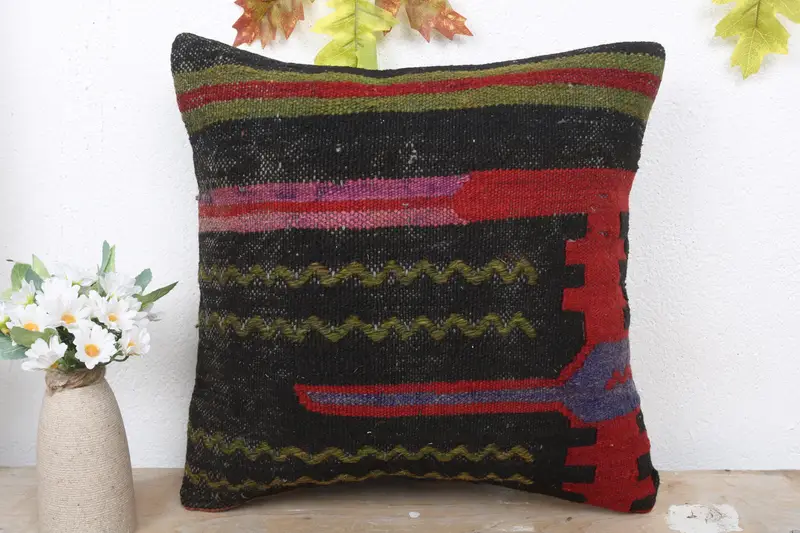 Pillow Case, Kilim Cushion Sham, Floor Cushion Cover, 16x16 Brown Cushion Cover, Antique Pillows, Vintage Kilim Throw Pillow, Couch Cushion Cover - 2
