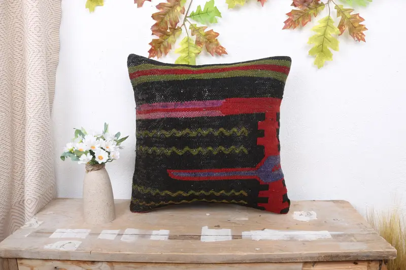 Pillow Case, Kilim Cushion Sham, Floor Cushion Cover, 16x16 Brown Cushion Cover, Antique Pillows, Vintage Kilim Throw Pillow, Couch Cushion Cover - 1