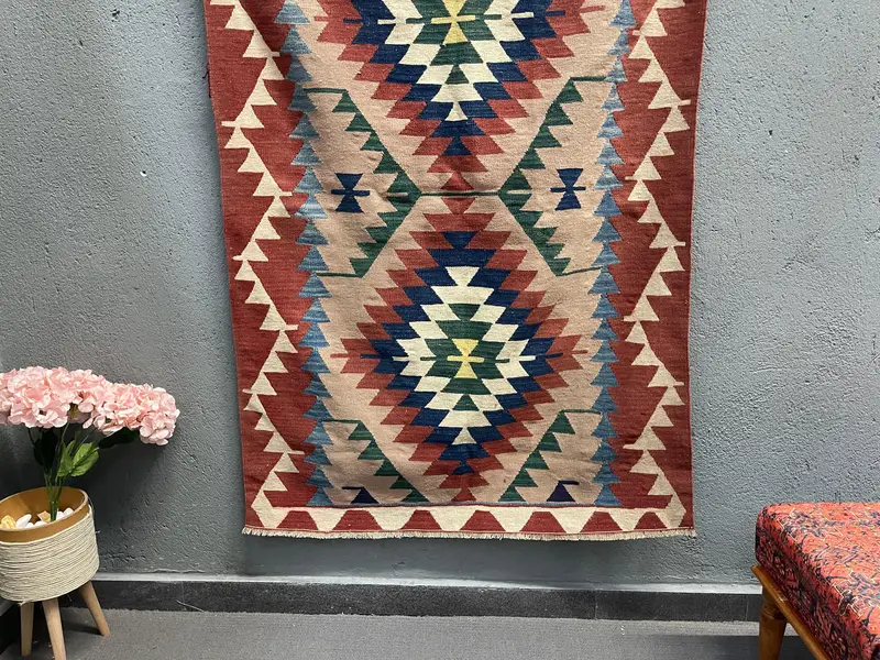 Türkischer Teppich, 3,7x5,6 ft Akzent Vintage Teppich, Kelim Rot Blau Marokkanischer Teppich - 1