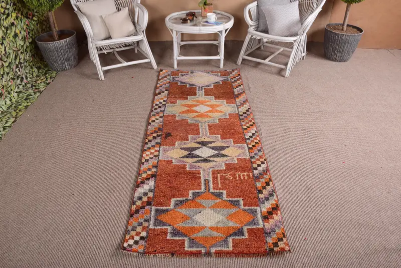 Herki Halı, 2.7x6.8 ft Vintage Halı, Turuncu Çiçekli Halı Yün - 1
