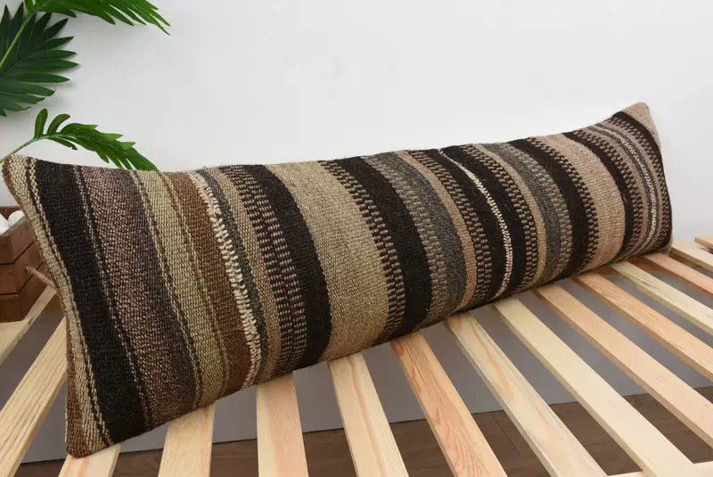 12x43 Brown Cushion Cover, Pillow Sham, Turkish Pillow, Handmade Kilim Cushion, Throw Kilim Pillow, Natural Pillow Cover, Bolster Throw Pillow - 4