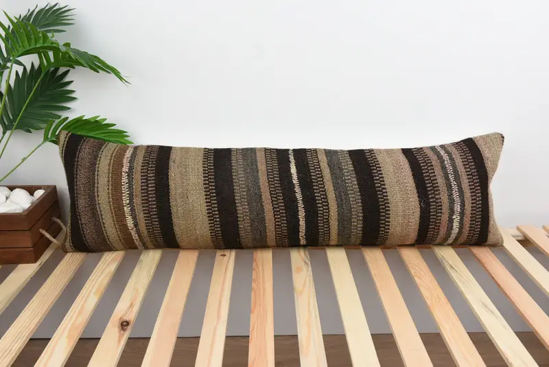 12x43 Brown Cushion Cover, Pillow Sham, Turkish Pillow, Handmade Kilim Cushion, Throw Kilim Pillow, Natural Pillow Cover, Bolster Throw Pillow - 1
