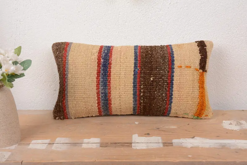 Blue & Brown Striped Throw Pillow, Handmade Embroidered Rectangle Pillow