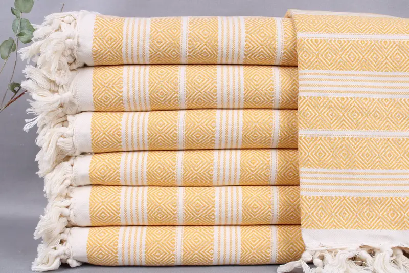 Embroidered Beach Towel Mustard Turkish Cotton, Diamond Pattern, 38x69 Inches