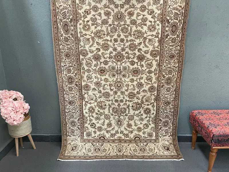 Turkish Vintage Rug, 4.3x6.8 ft Oushak Rug, Brown Beige Floral Wool Rug - 1