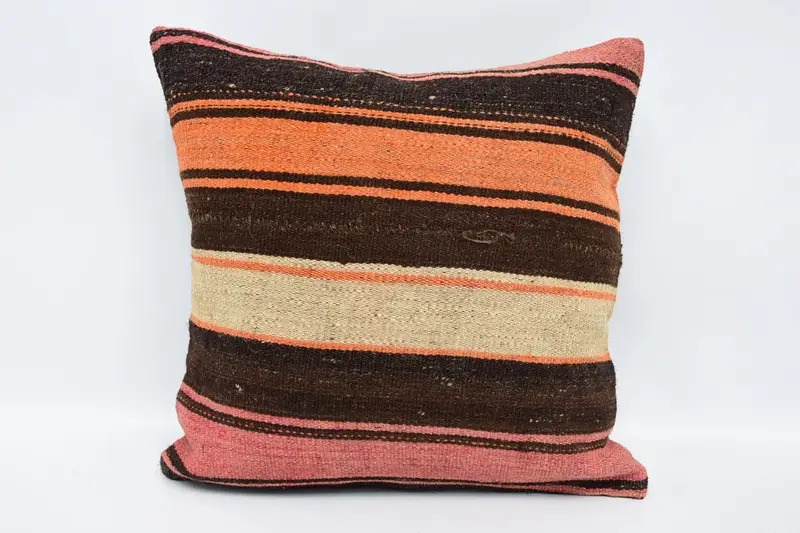 Striped Square Turkish Pillowcase, Moroccan WovenOrange 16x16 inch Pillow Sham - 1