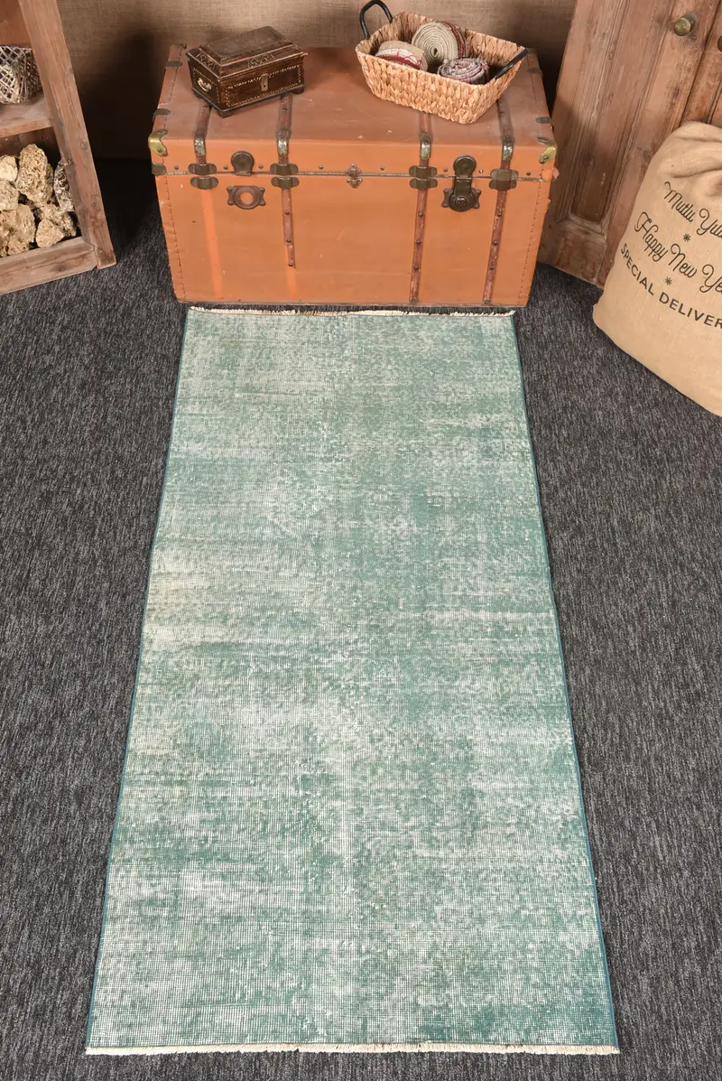Turkish 3x6.1 ft Rug, Small Vintage Rug, Green Solid Wool Rug - 1