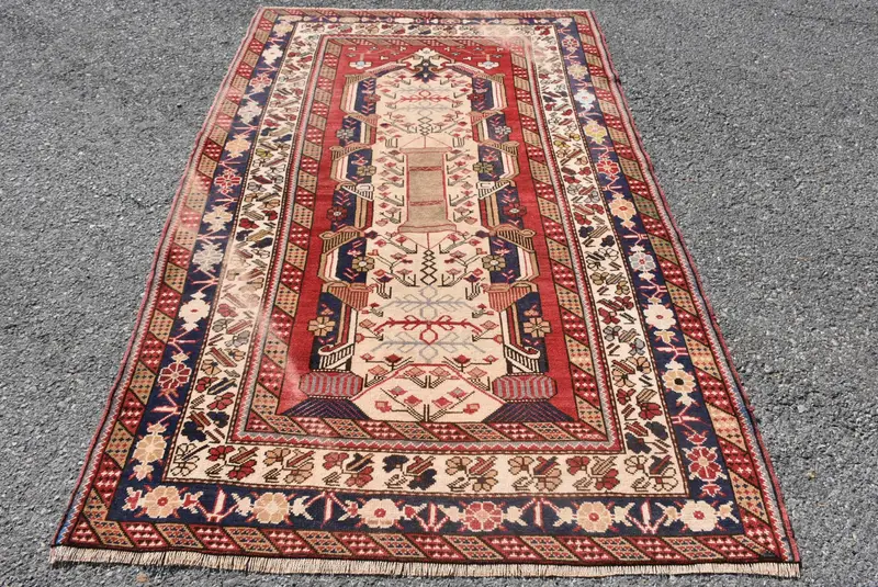 Turkish 4.7x7.5 ft Area Rug, Vintage Rug, Oushak Red Ikat Rug - 1