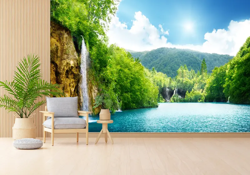 Ev Dekorasyonu için Zarif Baskılı Şelale Orman Manzaralı Duvar Kağıdı