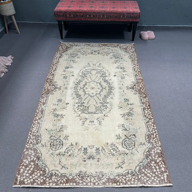 3.7x7.1 ft Vintage Oushak Rug, Brown Abstract Turkish Wool Rug - 1
