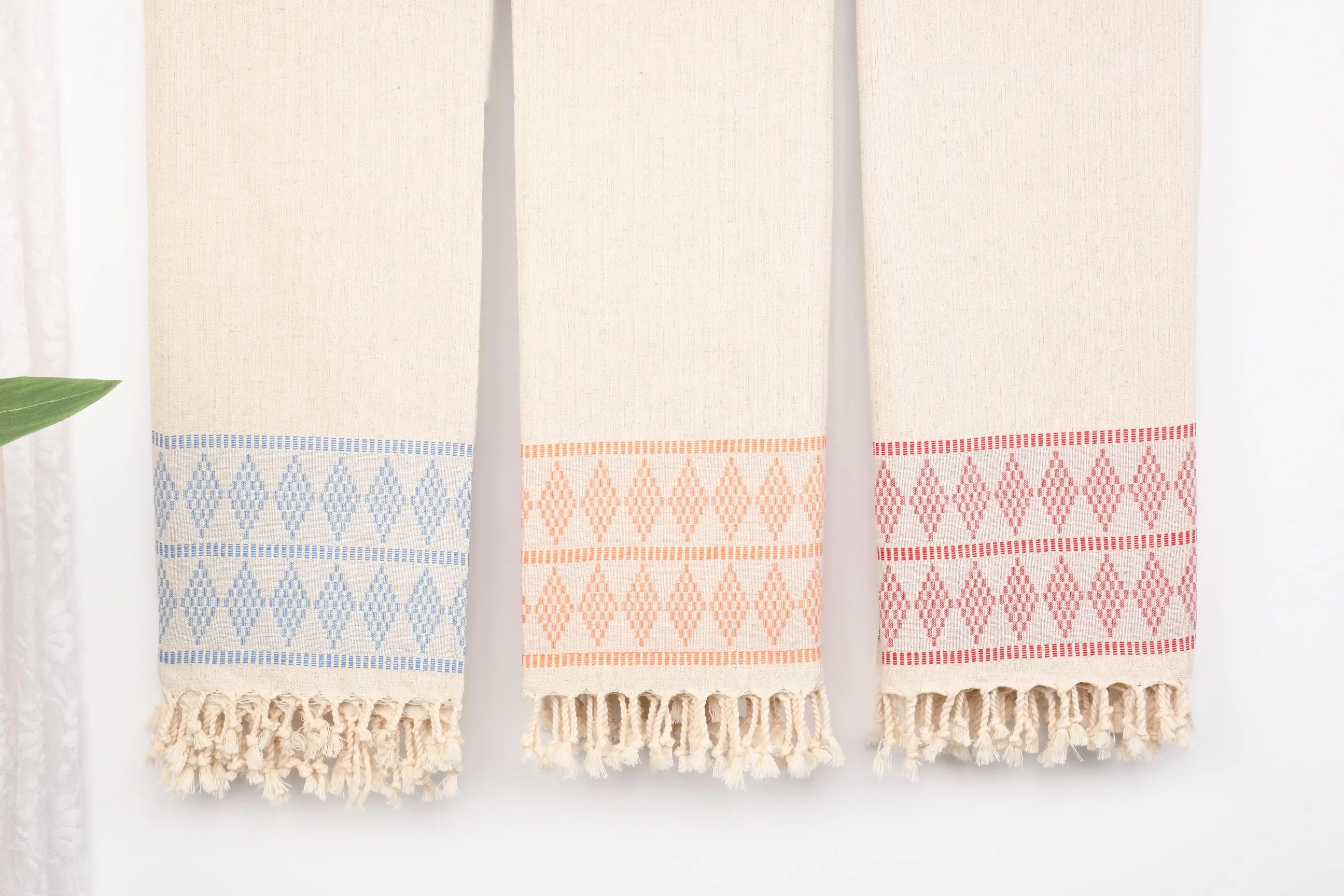 Linen Towel Organic Cotton Yarn Beige Kilim Design, 36x71 Inches - 1
