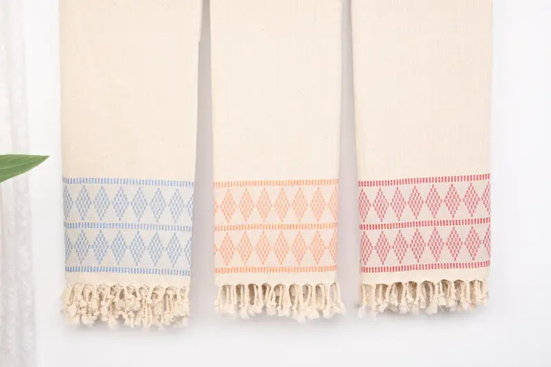 Linen Towel Organic Cotton Yarn Beige Kilim Design, 36x71 Inches