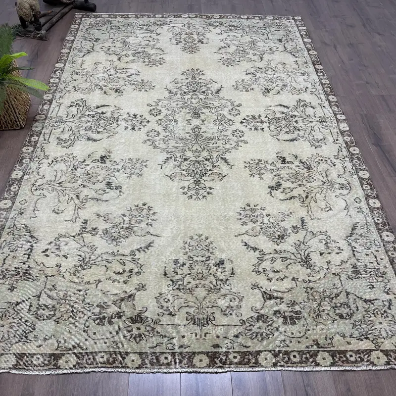 6.5x10.1 ft Vintage Oushak Rug, Turkish Rug, Gray Camouflage Wool Rug - 1