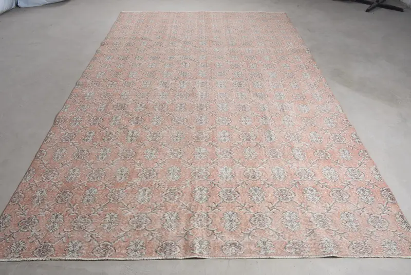 Alfombra vintage Oushak de 6,8x11 pies, lana de alfombra turca a rayas rosas - 1