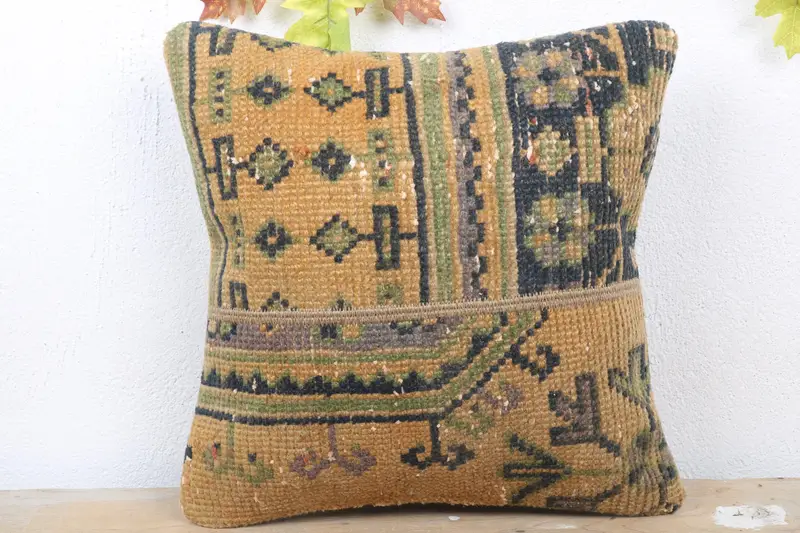 Orange & Grün besticktes Wurfkissen, Vintage Leinenkissen