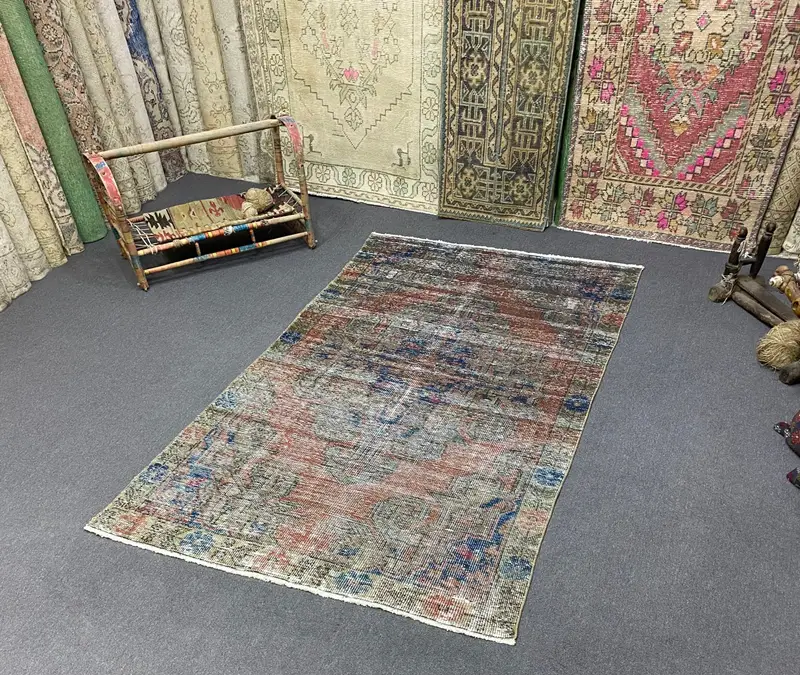 Alfombra Azul Floral y Geométrica, 4,2x7,1 ft