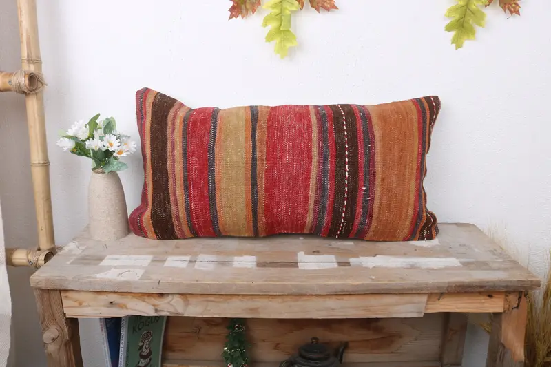 Cushion Cover, Ethnical Kilim Rug Pillow, 12x24 Red Pillow, Throw Kilim Pillow, Kilim Pillow, Armchair Pillow Sham, Shabby Chic Pillow Case - 1