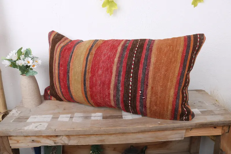 Cushion Cover, Ethnical Kilim Rug Pillow, 12x24 Red Pillow, Throw Kilim Pillow, Kilim Pillow, Armchair Pillow Sham, Shabby Chic Pillow Case - 3