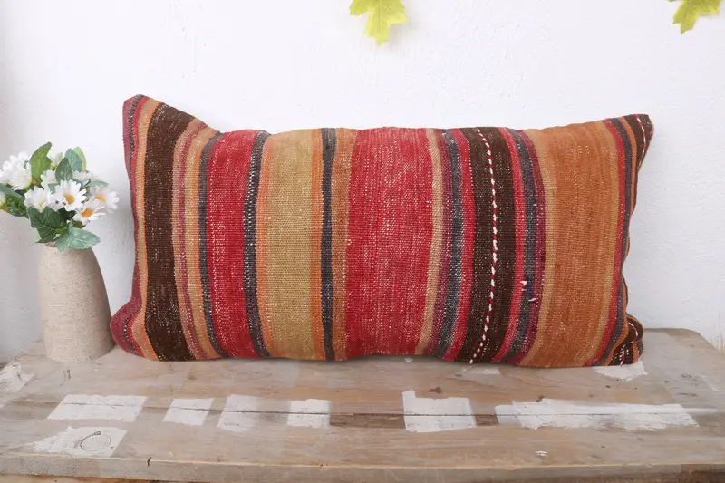 Cushion Cover, Ethnical Kilim Rug Pillow, 12x24 Red Pillow, Throw Kilim Pillow, Kilim Pillow, Armchair Pillow Sham, Shabby Chic Pillow Case - 2