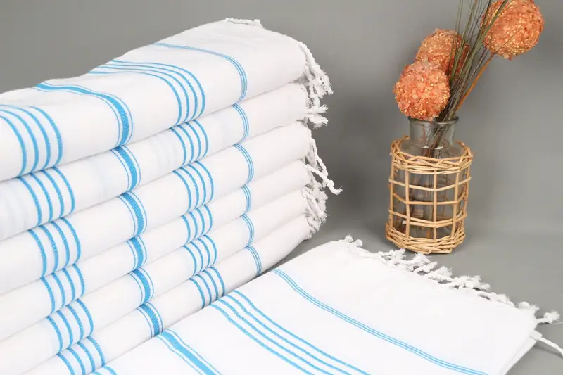 Toalla de rayas azules personalizada de algodón orgánico, beige, 40 x 71 pulgadas