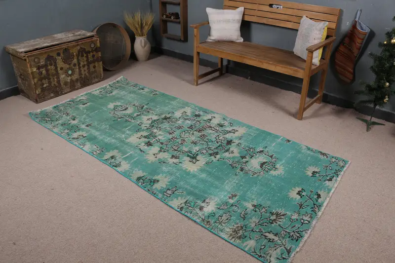 Yeşil ve Bej Halı, 3,7x8,2 ft Geometrik Çiçek Desenli