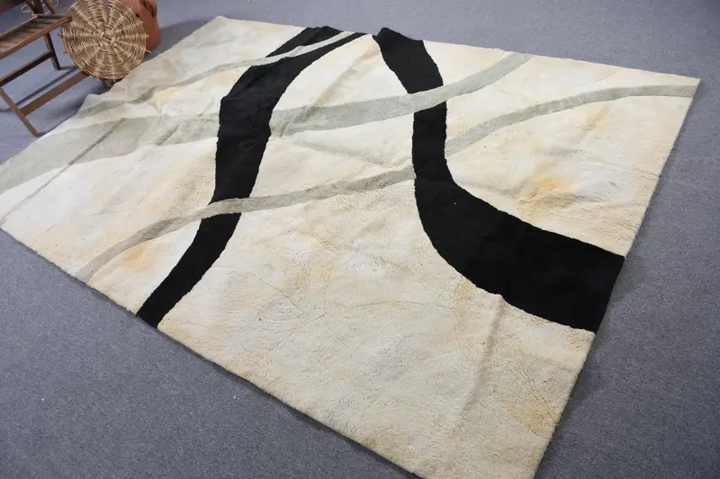 Alfombra vintage turca, alfombra Oushak de 6,3x9,3 pies, alfombra floral negra blanca - 1