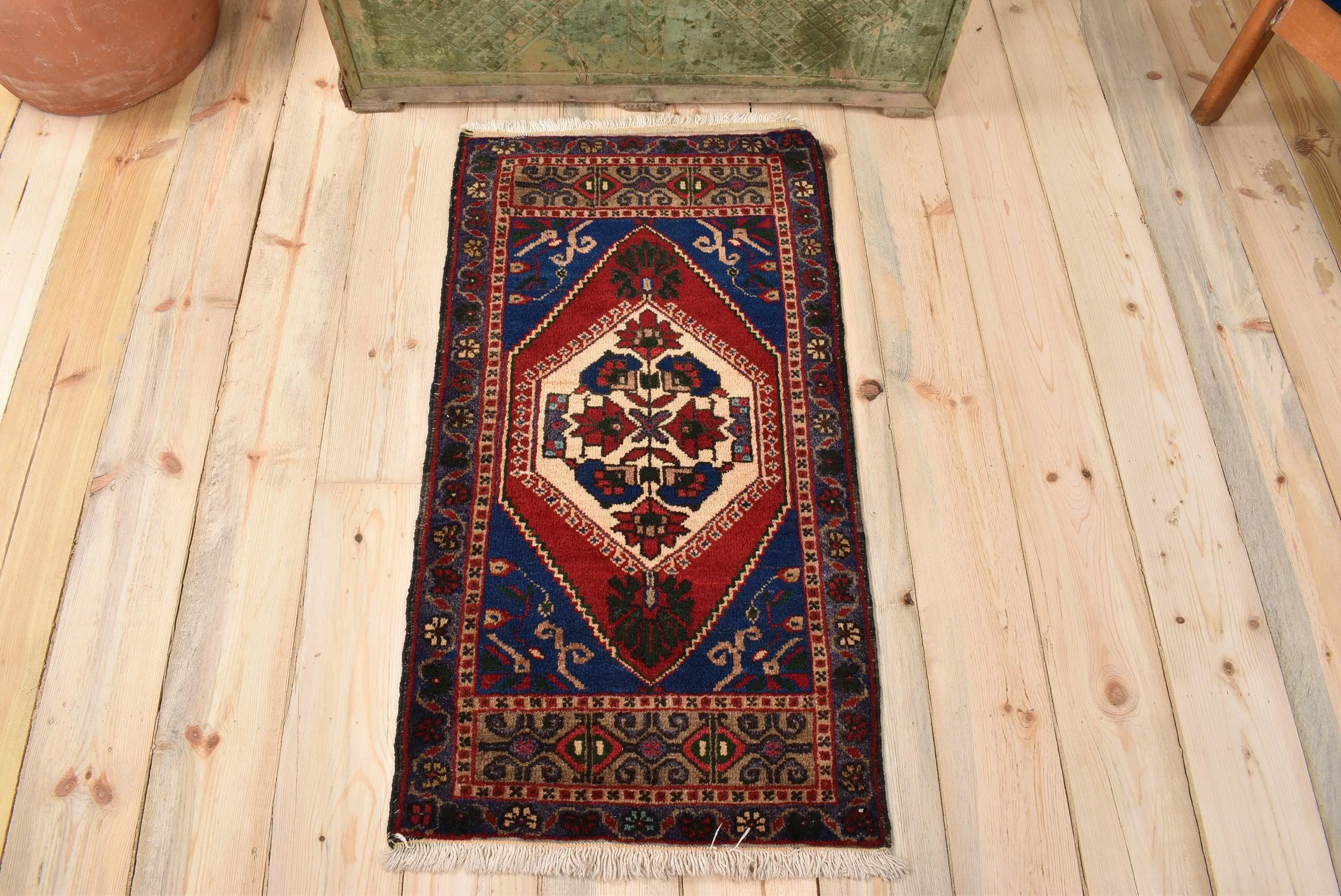 Turkish Vintage Rug 1.7x3.3 ft (53x101 cm), Red Blue Polka dot Rug - 1