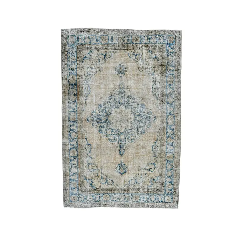 Großer Vintage-Teppich 6,6 x 10,1 Fuß, blauer türkischer Wollteppich mit Tiermuster - 1