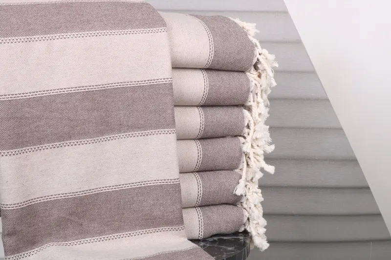 Personalized Beach Towel Brown-Beige Striped, Organic Cotton, 36x65 Inches