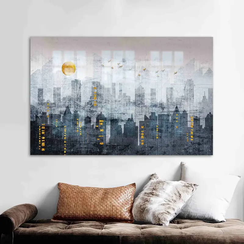 モダンなプリントガラス: ゴールドムーンと都市景観デザイン