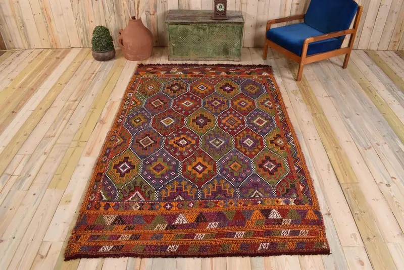 赤と緑のパッチワークラグ、5.2x8.1フィートのエレガントな装飾