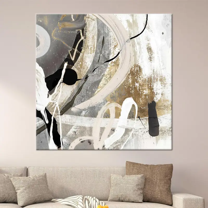 グレー & ゴールドの抽象キャンバス: コンテンポラリー ソフト トーン アート プリント