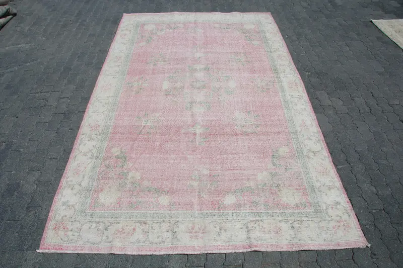 6,6 x 10,7 Fuß großer türkischer Übergröße-Teppich, Vintage-Rosa-Ikat-Teppich - 1