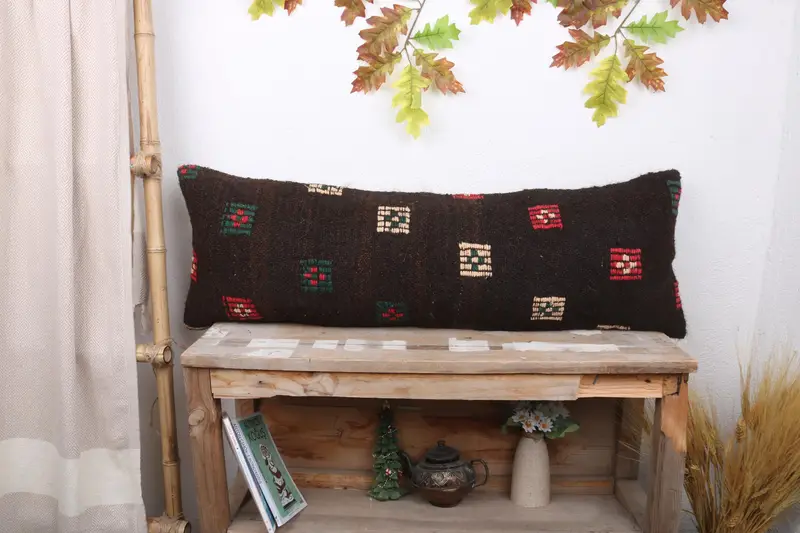 Brown & Green Geometric Throw Pillow, Handmade Vintage Linen Pillow