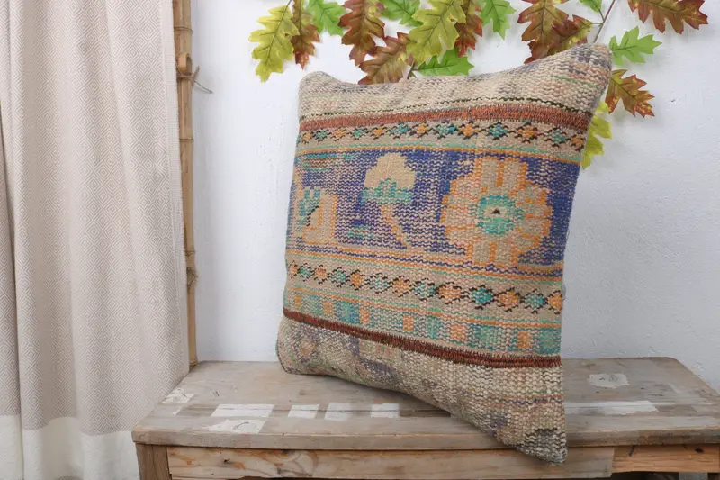Art Deco Pillow Cover, Pastel Pillow Case, 20x20 Blue Pillow Cover, Pillow for Couch, Home Decor Pillow, Kilim Pillow Cover, Cushion Cover - 5