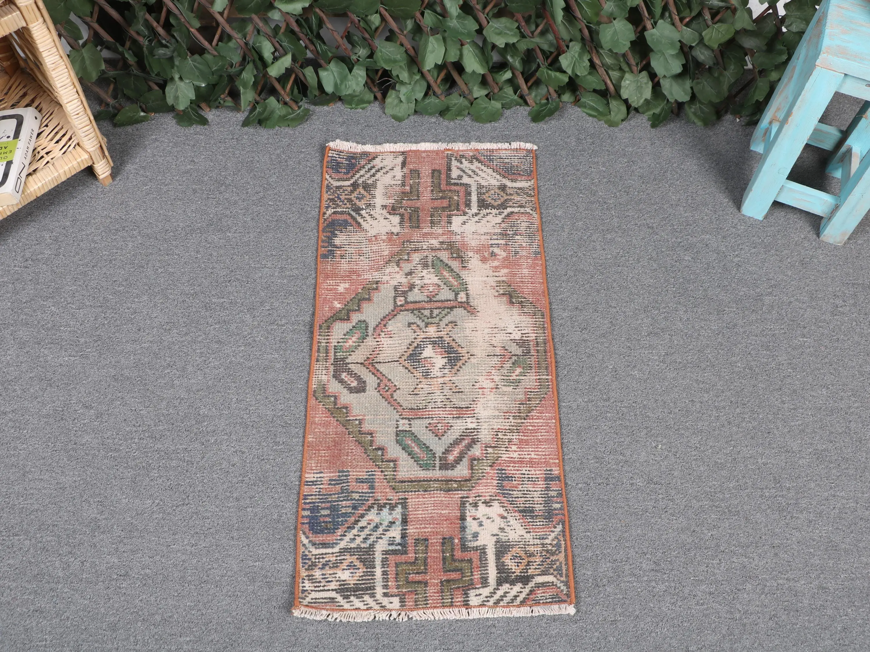 Rug, 1.2x2.7 ft Vintage Rug, Red Ikat Rug Wool - 1